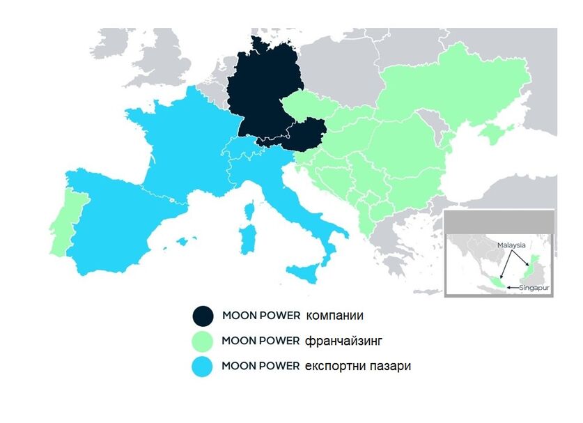 Карта на Европа с отбелязани страни, в които MOON POWER има представителства